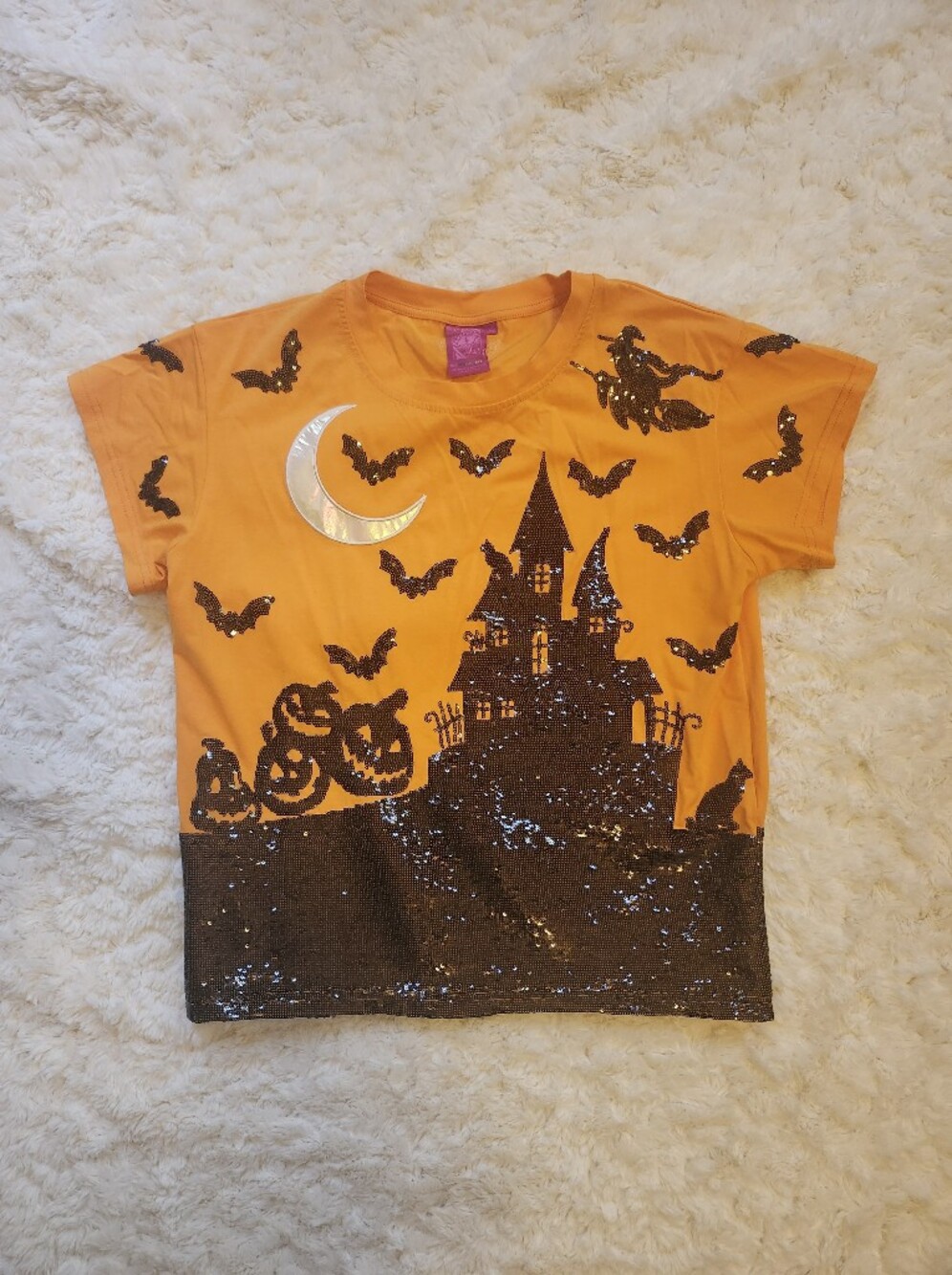 Queen Of Sparkles Halloween Sequin Pumpkin Castle T-Shirt - Orange